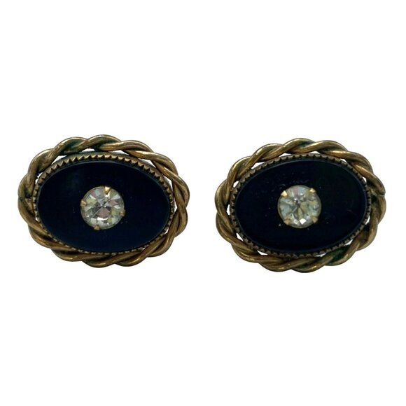 Vintage Art Deco Nouveau Gold Tone Black Rhinestone Screw back Earrings - Picture 4 of 10